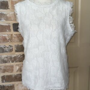 Cocobleu White Lace Sleeveless Top Crinkle Floral Embroidery Organza Overlay LRG